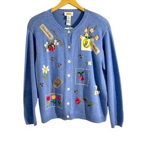 Talbots Large Petite Vintage Cottage Core Floral Fruit Bee Design Cardigan